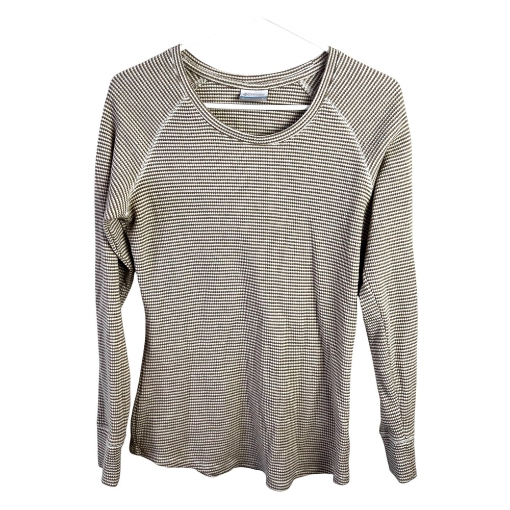 Columbia Waffle Knit Thermal Top Size Large Tan White Stripe Scoop Neck